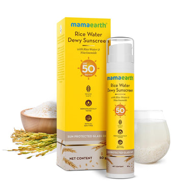 Mamaearth Rice Water Dewy Sunscreen with Rice Water & Niacinamide | Gives SPF50 & PA++++ Protection | For Glass Skin Glow | Evens Skin Tone | UVA & UVB Protection | No White Cast | For All Skin Types | 50 g